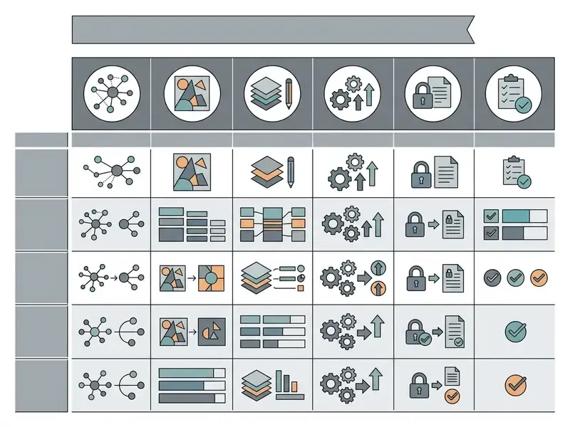 Comparison table displaying icons for AI generated art workflows across different technical parameters