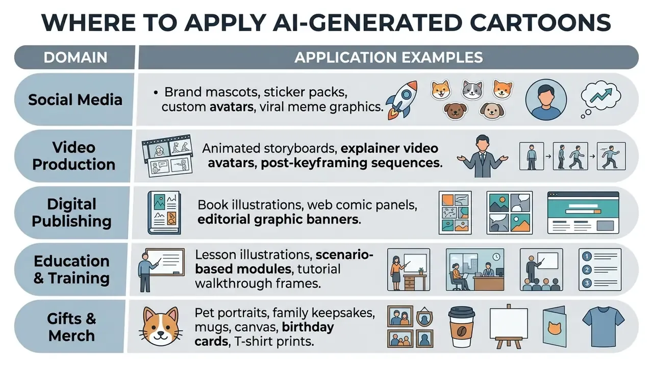 List of industry domains and their corresponding creative applications for digital cartoon assets