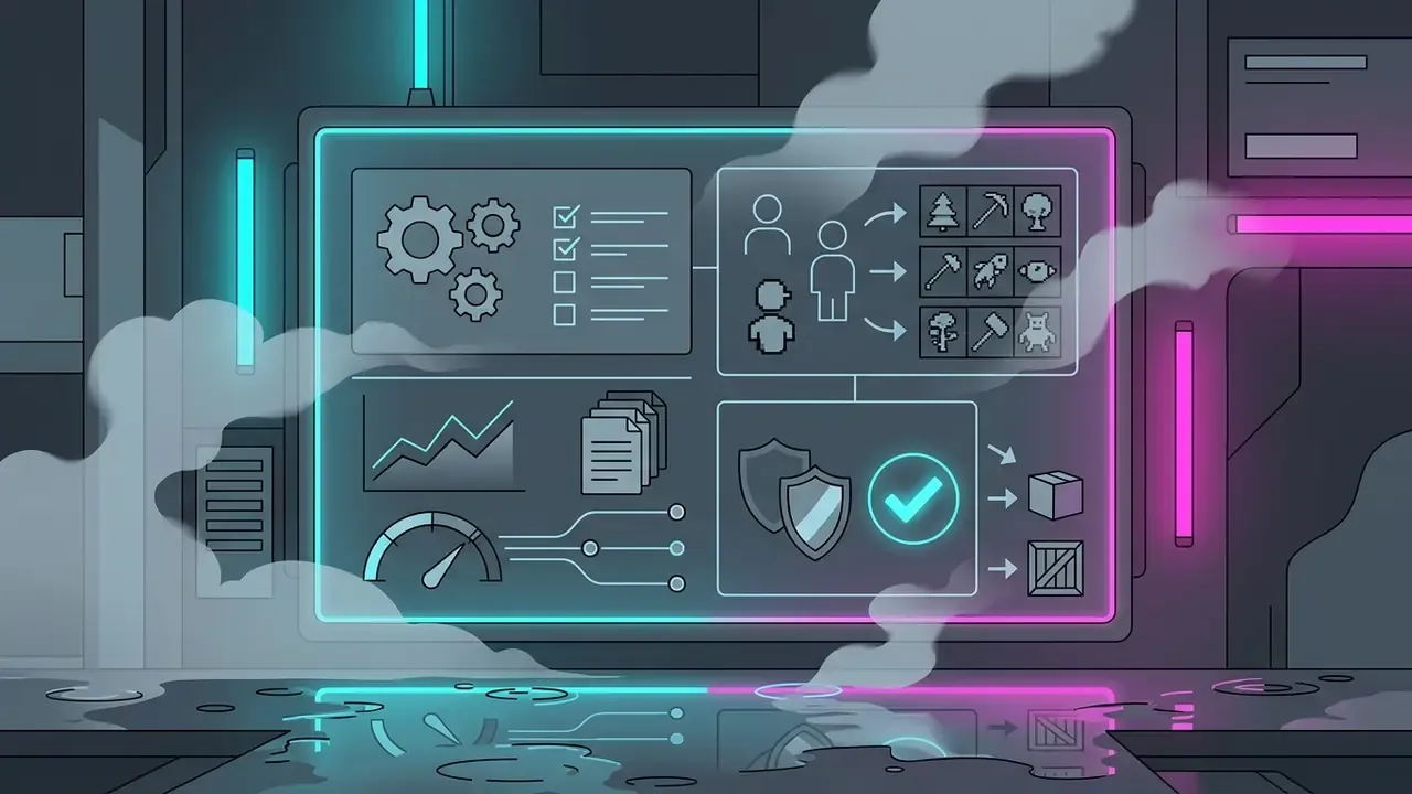 Neon display showing character icons and asset icons in a steam filled cyberpunk environment