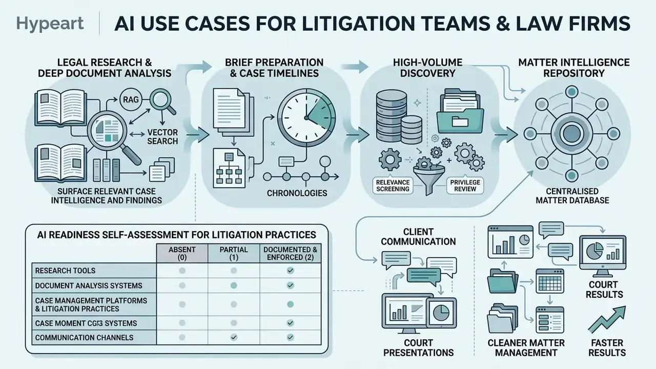 Workflow diagram showing AI applications in litigation alongside a readiness self-assessment matrix