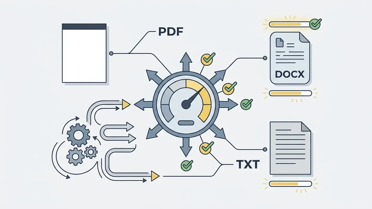 Gears and a central gauge processing data into PDF, DOCX, and TXT file formats with checkmarks