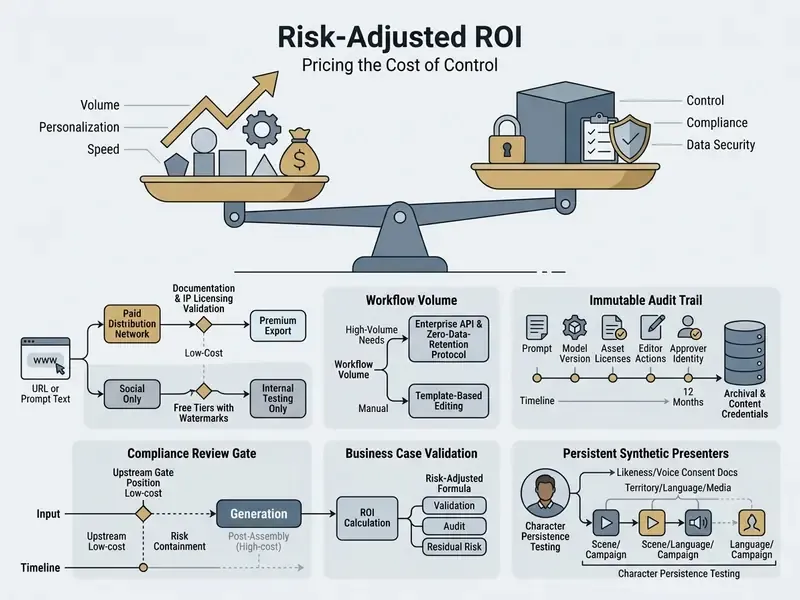 Balance scale weighing production volume against governance controls with supporting workflow process charts