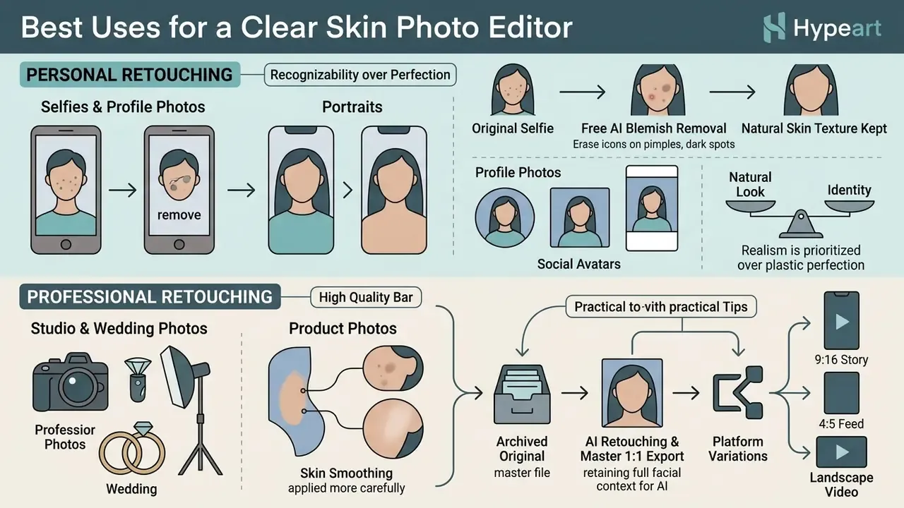 Visual guide comparing personal and professional workflows for using a photo editor to remove blemishes