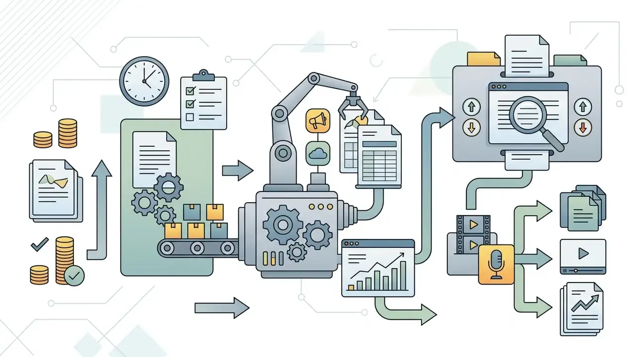 Mechanical arm processing documents and data into automated marketing content and digital media assets