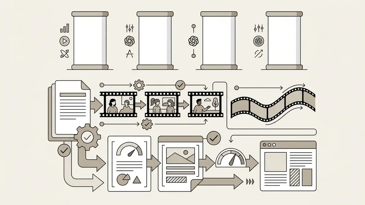 Sequence of document and film strip icons showing a multi-shot narrative generation process
