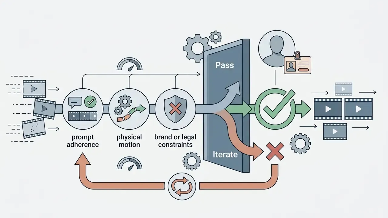 Quality gate process for AI video models showing evaluation steps leading to a pass or iteration decision