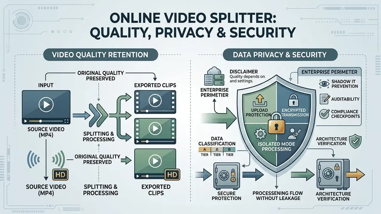 Diagram showing video quality retention and data privacy measures including isolated mode processing