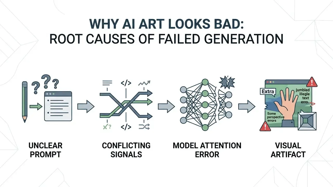 Flowchart showing how unclear prompts and conflicting signals lead to model errors and visual artifacts