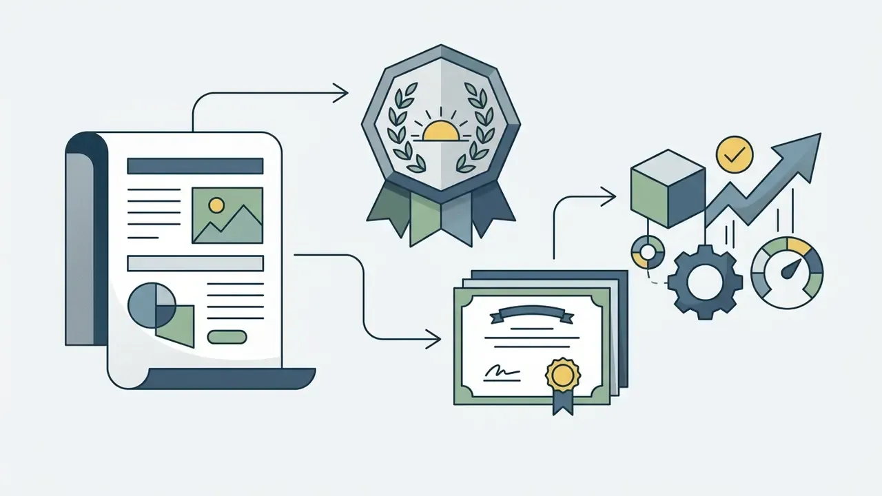 Document with arrows connecting to a badge, a certificate, and a growth chart with gears and a gauge