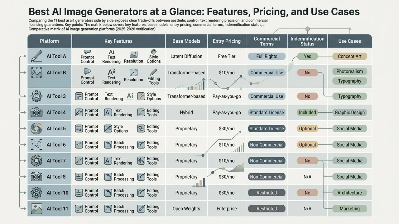 Comparison table outlining features, pricing, and commercial terms for eleven AI image generation tools
