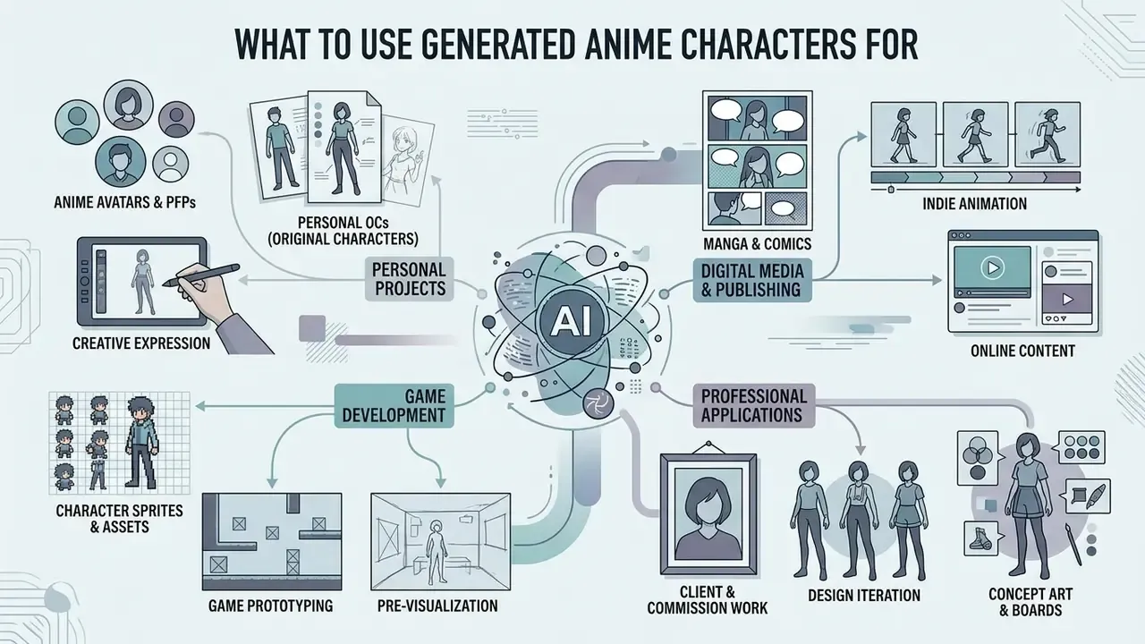 Central AI icon connected to various use cases like avatars, game assets, manga, and professional design