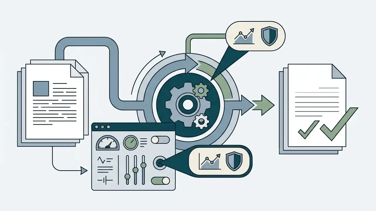 Control panel settings and gear systems refining raw document drafts into polished and verified files