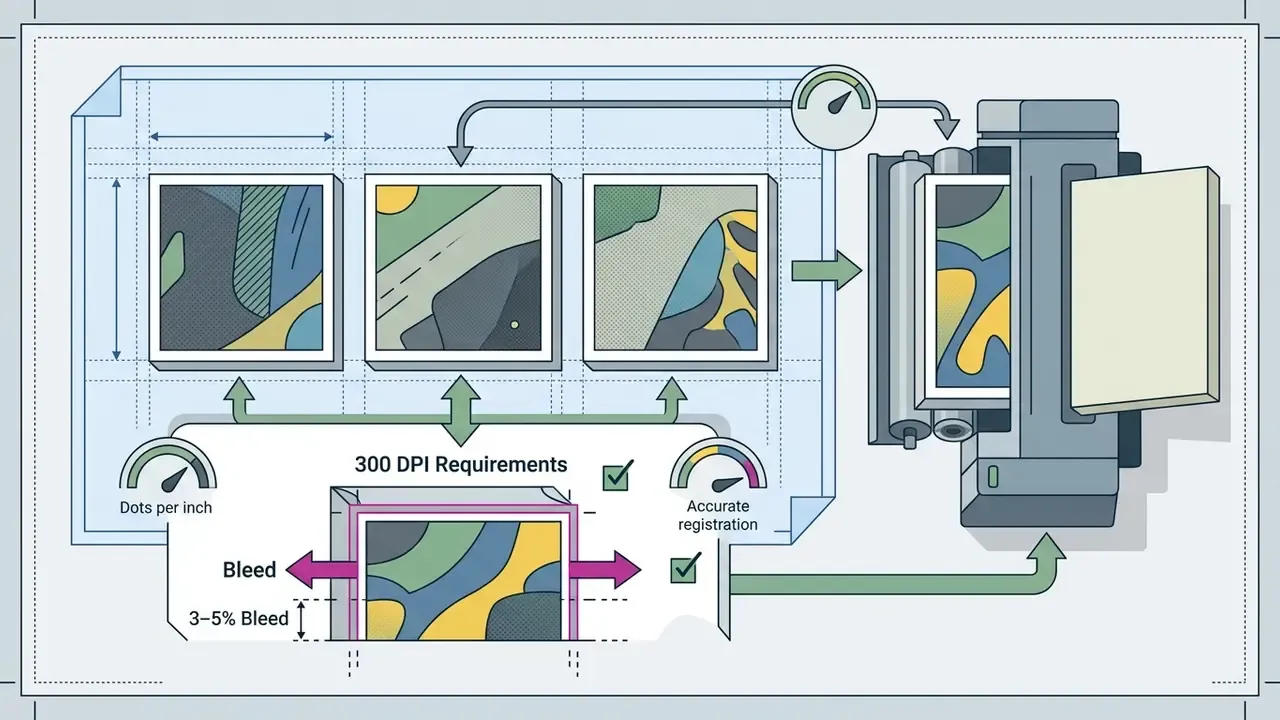 Technical graphic showing print preparation steps including bleed margins and DPI settings for canvas output