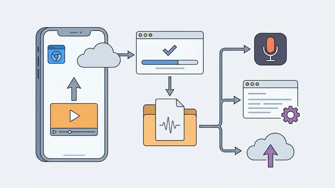 Mobile workflow for uploading video to extract audio and saving the resulting file to device storage