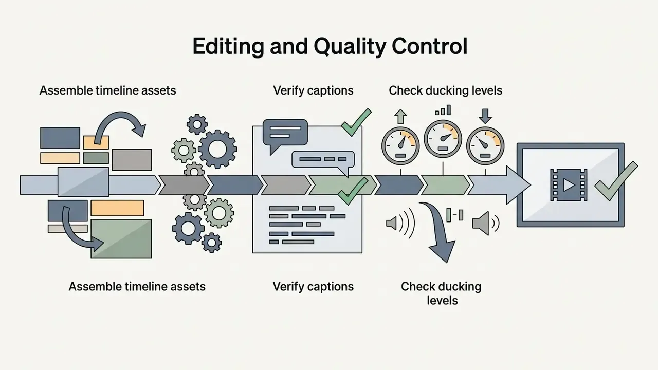 Timeline assets and caption verification icons moving through a gear processor to reach final video output