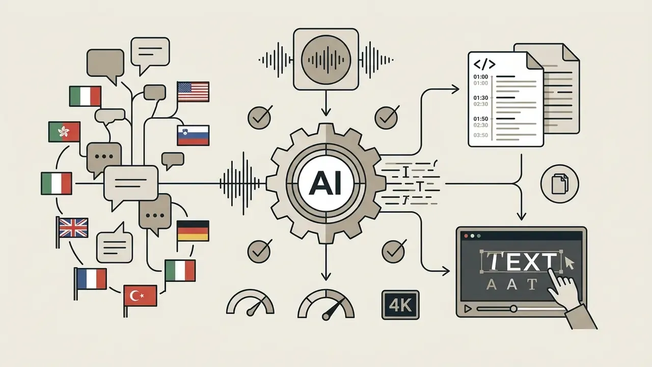 Flowchart showing AI processing audio into multi-language subtitles and editable text files