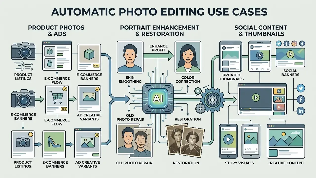 Infographic showing how AI processes product photos, portrait enhancements, and social media content