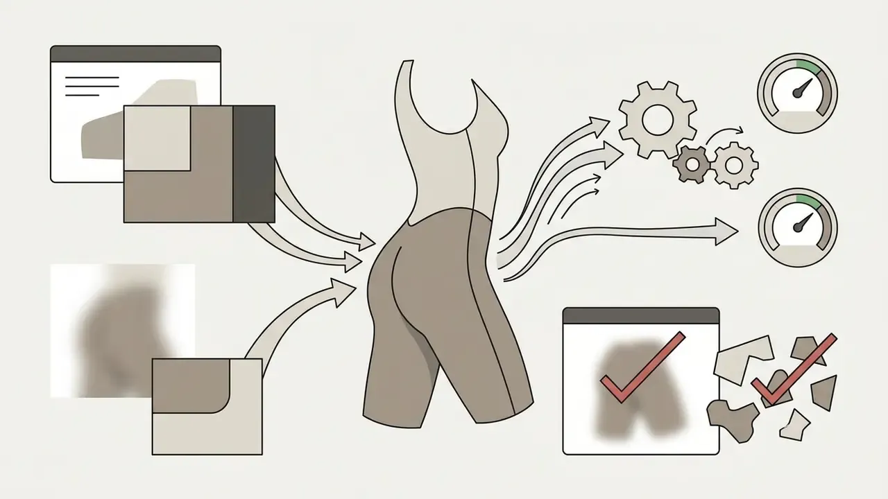 Clothing inputs feeding into a central figure with gear and gauge processing indicators