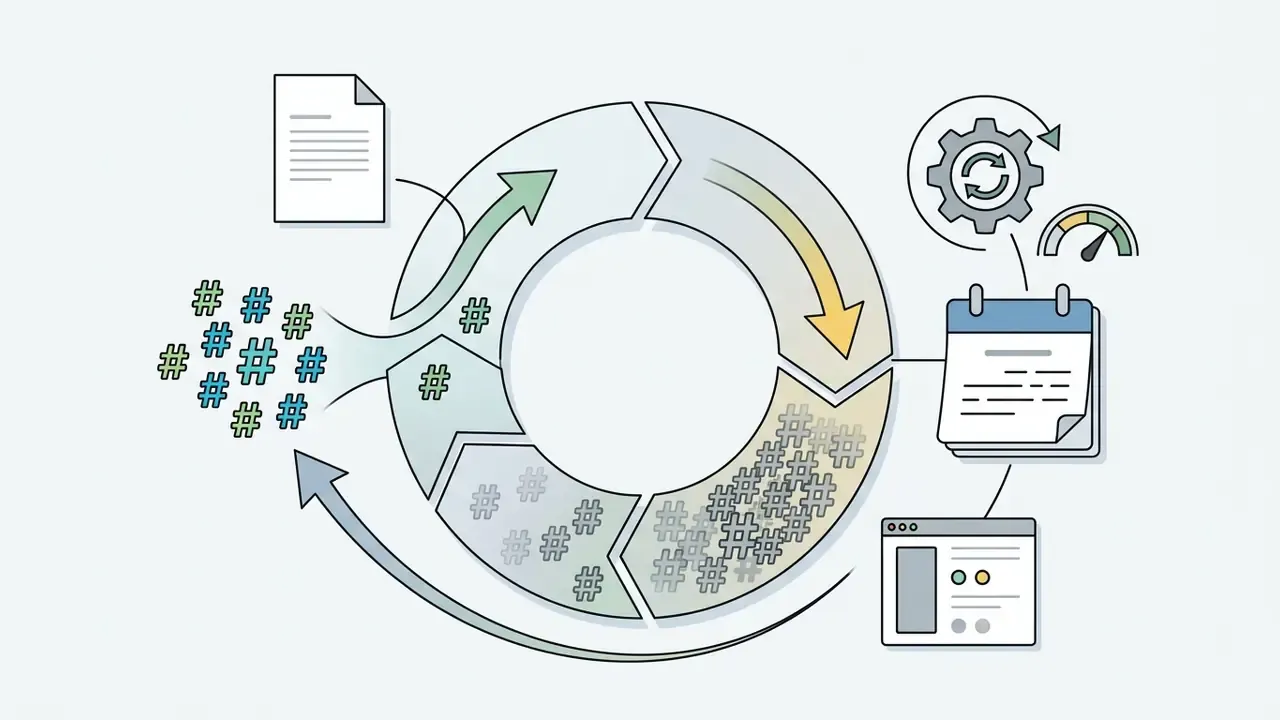 Circular process cycle with hashtag clusters feeding into a calendar and performance monitoring dashboard