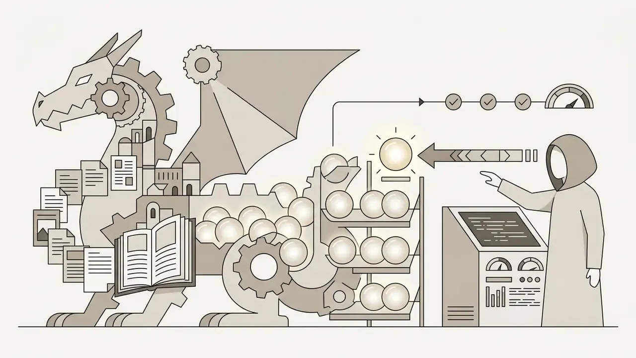Mechanical dragon storing glowing memory orbs in a library while a hooded archivist operates a console