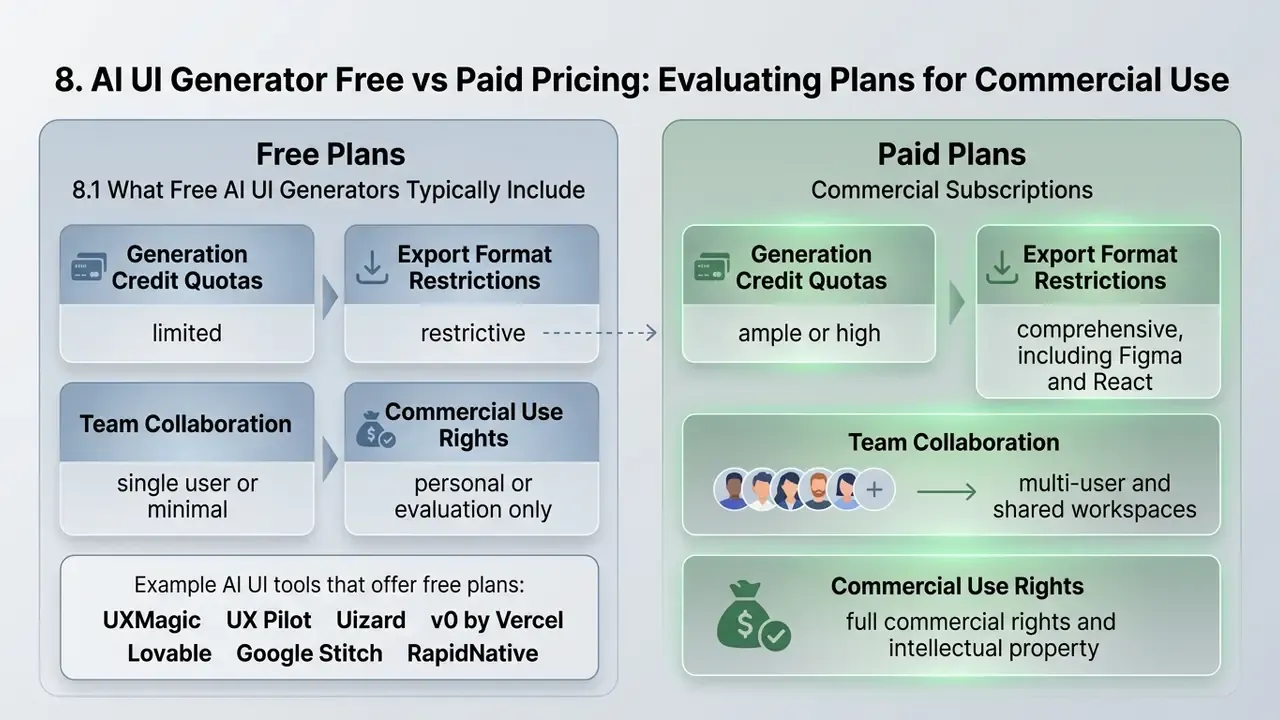 Side by side comparison of free and paid subscription features including credit quotas, exports, and team access