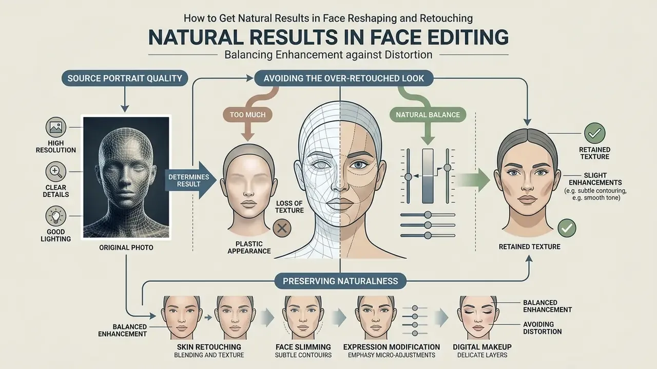 Diagram comparing over-retouched versus balanced portrait editing techniques to preserve natural features