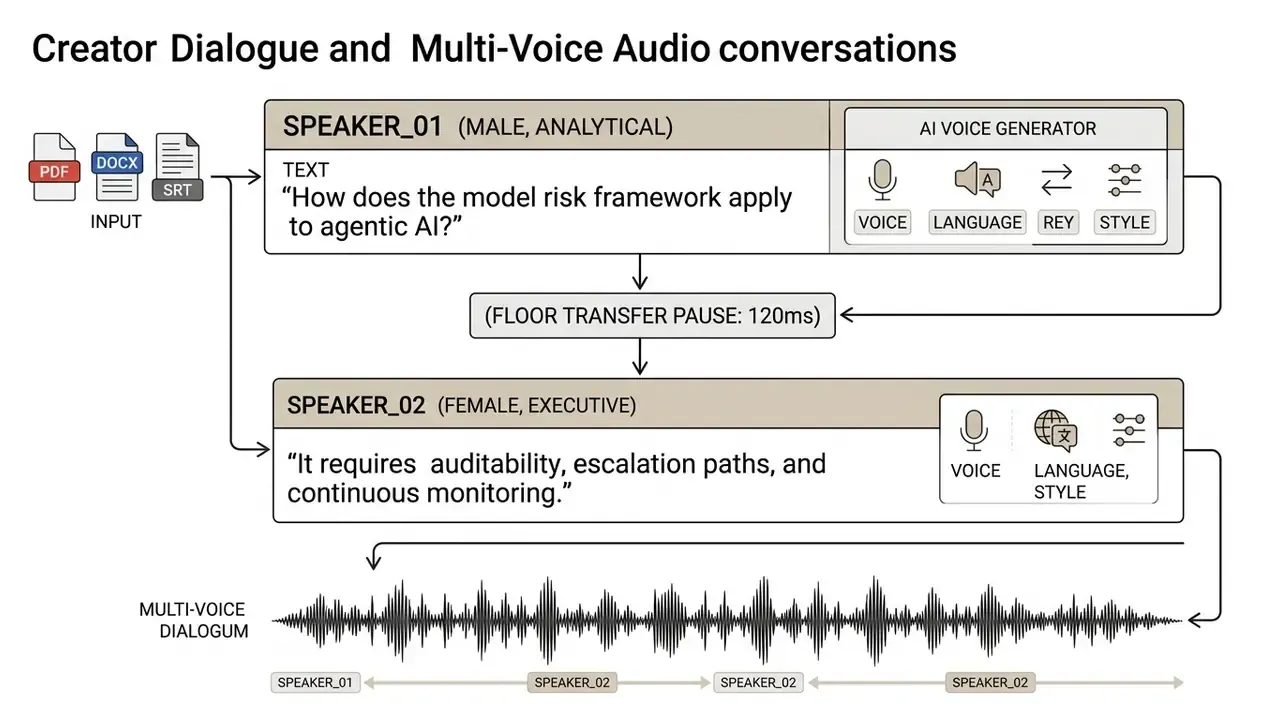 Two speakers interacting through text prompts that are processed into a single multi-voice audio waveform