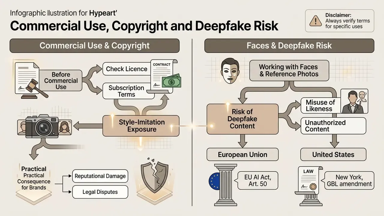 Split infographic showing legal considerations for commercial licensing and risks of deepfake content