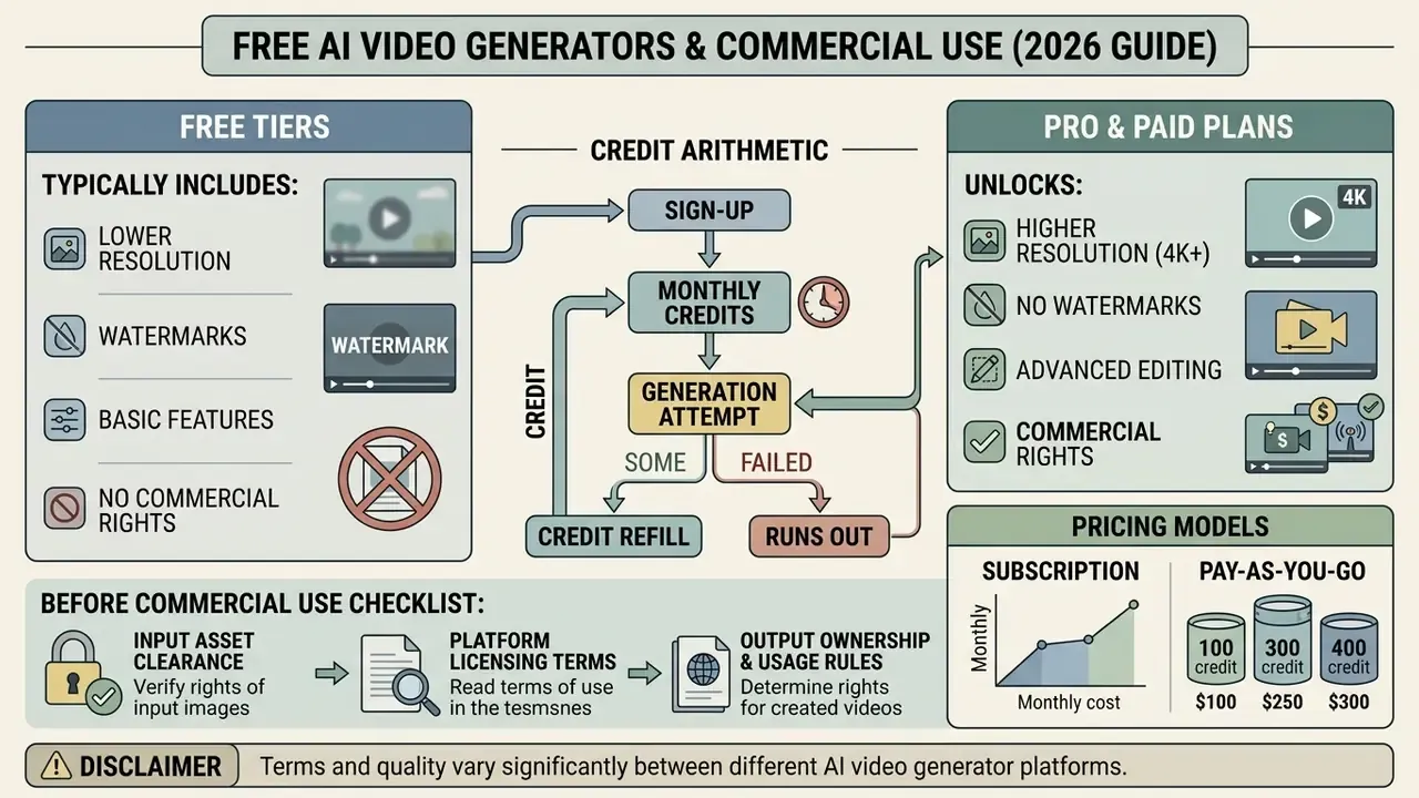 Comparison of free and paid video generation plans including credit usage and commercial rights checklists