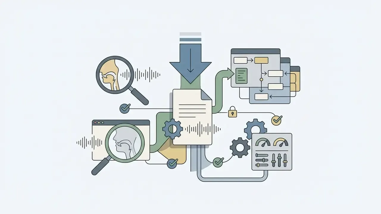Magnifying glasses over vocal anatomy icons feeding into a central processing system with control gauges