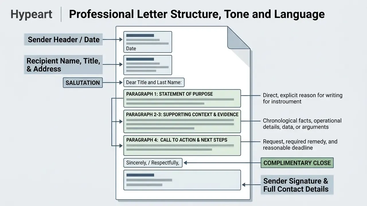 Annotated diagram showing the standard components of a formal letter from header to signature