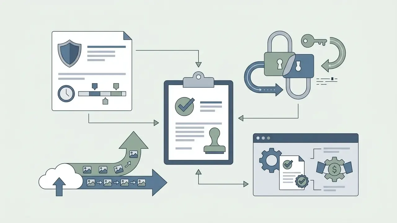 Icons representing data retention, encryption, batch processing, and compliance documentation
