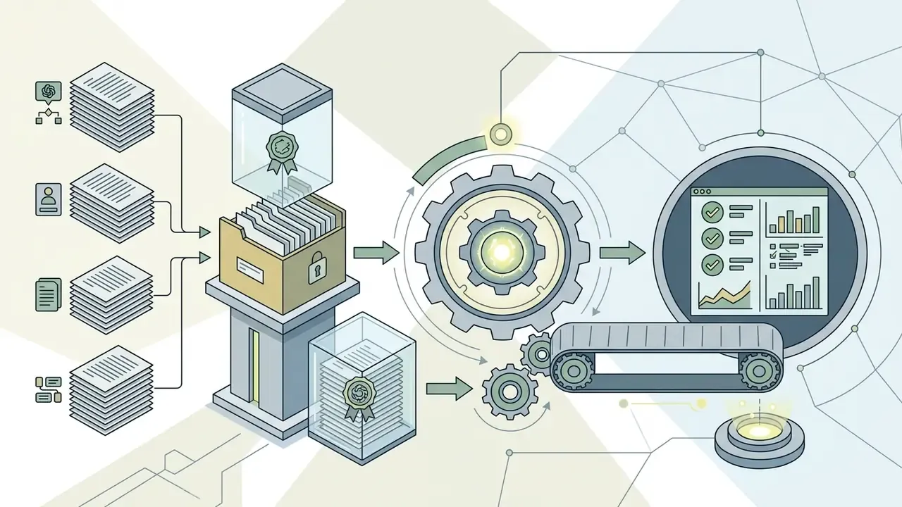 Stacks of documents feeding into a gear mechanism and dashboard for AI media benchmarks and review proof