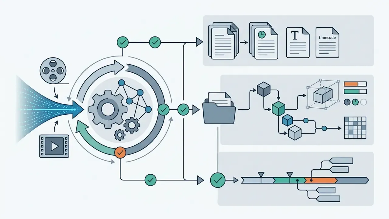 Data stream feeding a central processing gear to output documents, coordinate vectors, and timeline tags