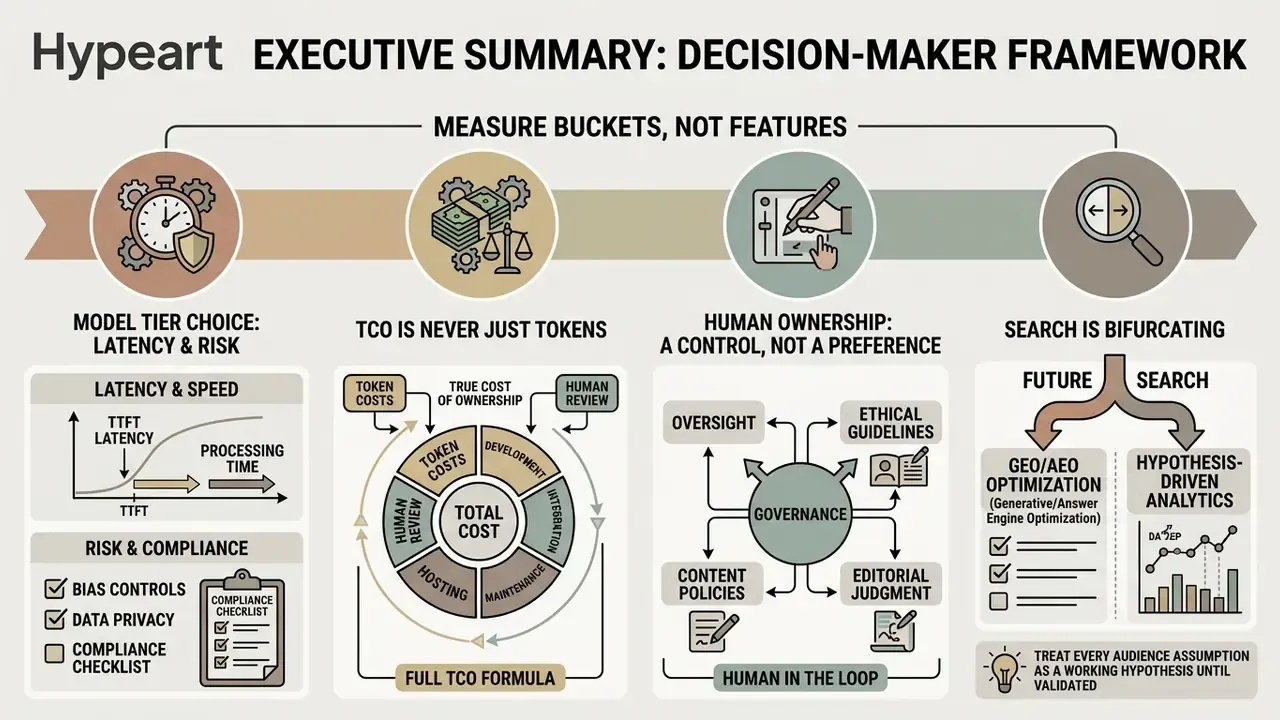 Infographic showing four key decision buckets for AI media strategy including latency, TCO, and governance