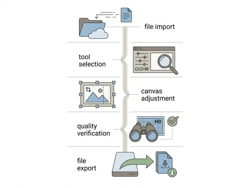 Numbered vertical workflow showing file import, tool selection, canvas adjustment, quality check, and export