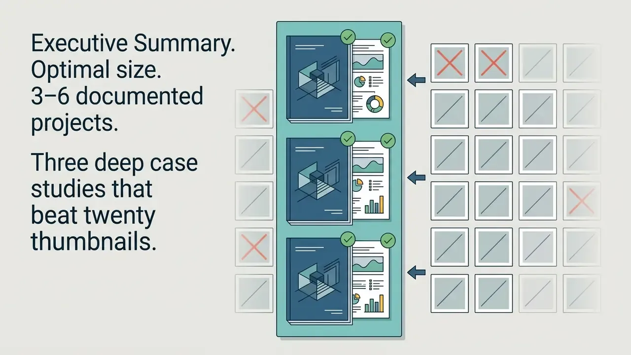 Three detailed project reports highlighted over a grid of many crossed out small thumbnail placeholders