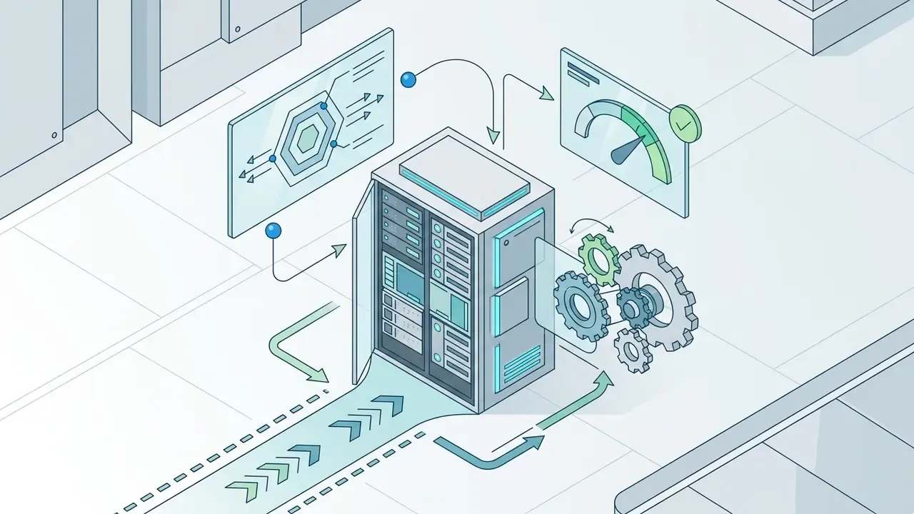 Server rack connected to data panels and mechanical gears representing a digital processing environment