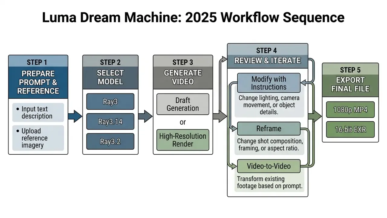 Sequential process diagram detailing the Luma Dream Machine workflow from initial prompt to final export