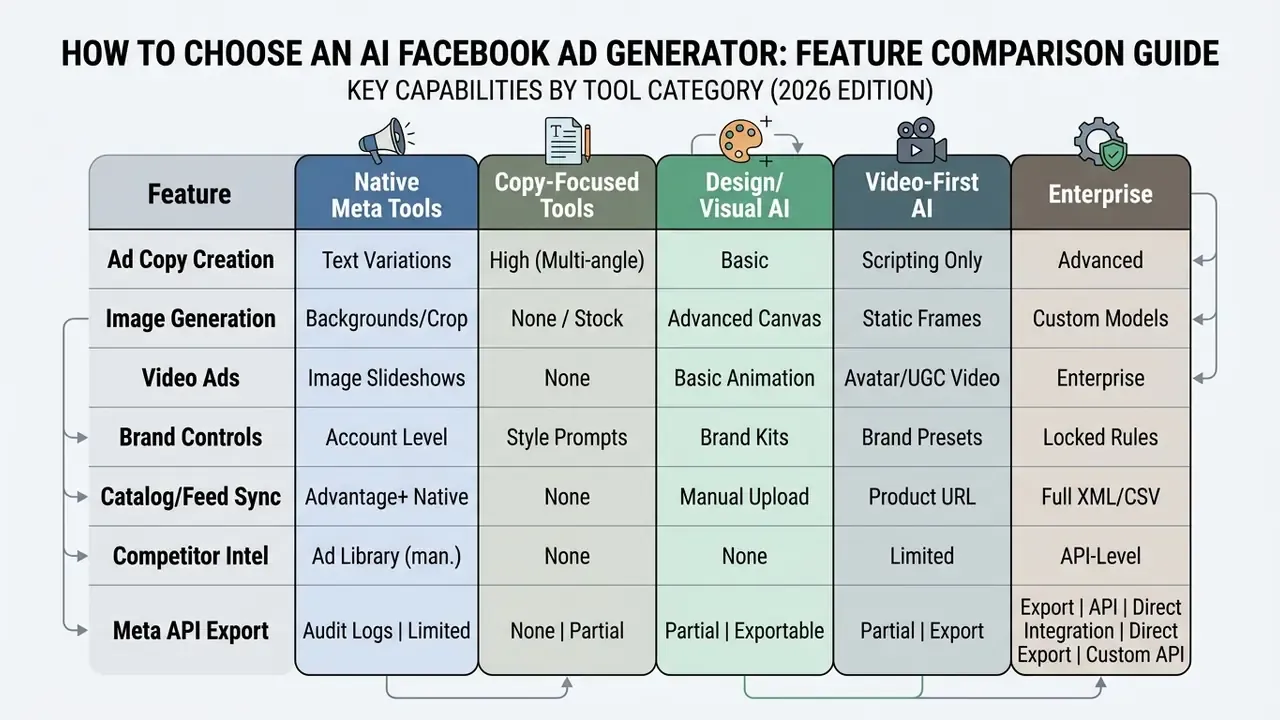 Comparison table evaluating capabilities of five different advertising software categories