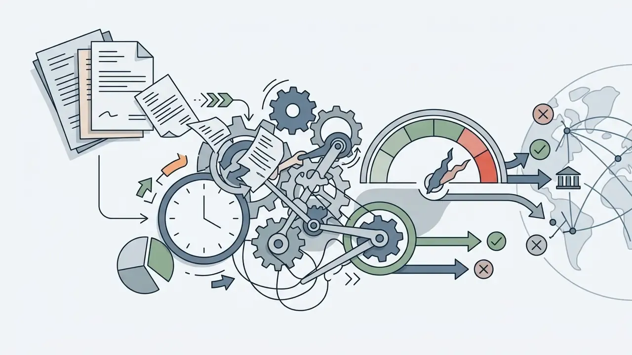 Documents flowing through a clock and gear mechanism into a gauge connected to a global payment network