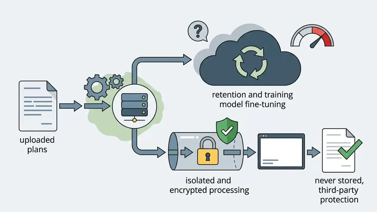 Data flow showing uploaded plans moving toward either model training or isolated encrypted processing