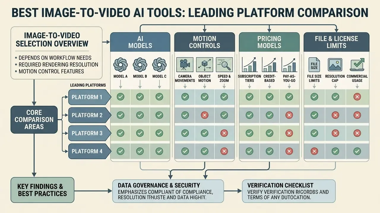 Comparison matrix evaluating image to video AI tools across models, motion controls, and pricing tiers