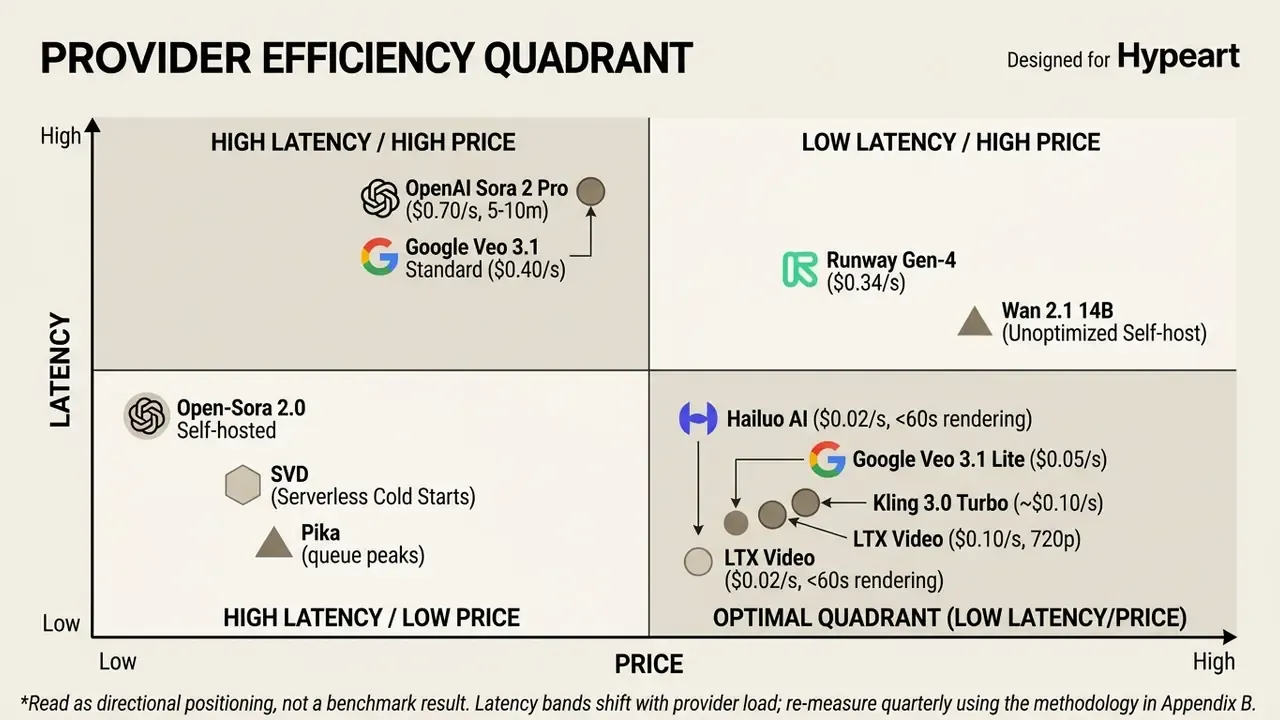 Quadrant matrix mapping various AI video providers by their latency and pricing characteristics