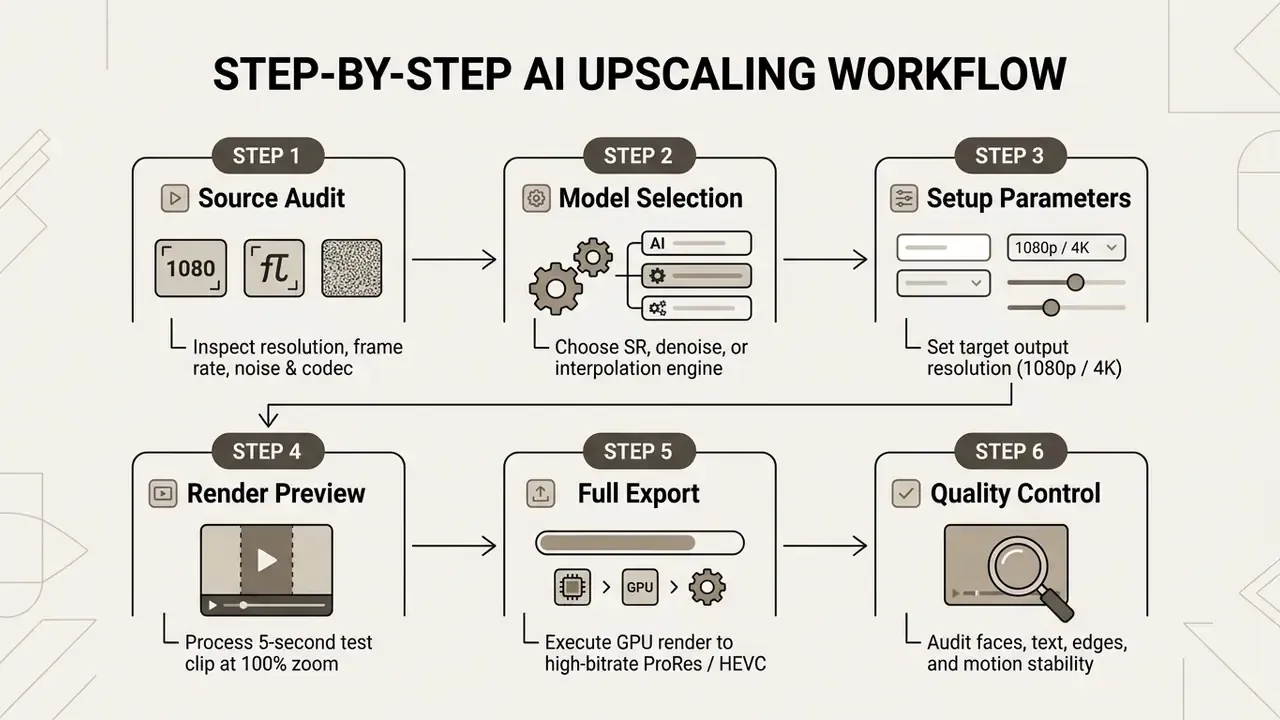 Six sequential steps for an AI video upscaling workflow ranging from source audit to final quality control