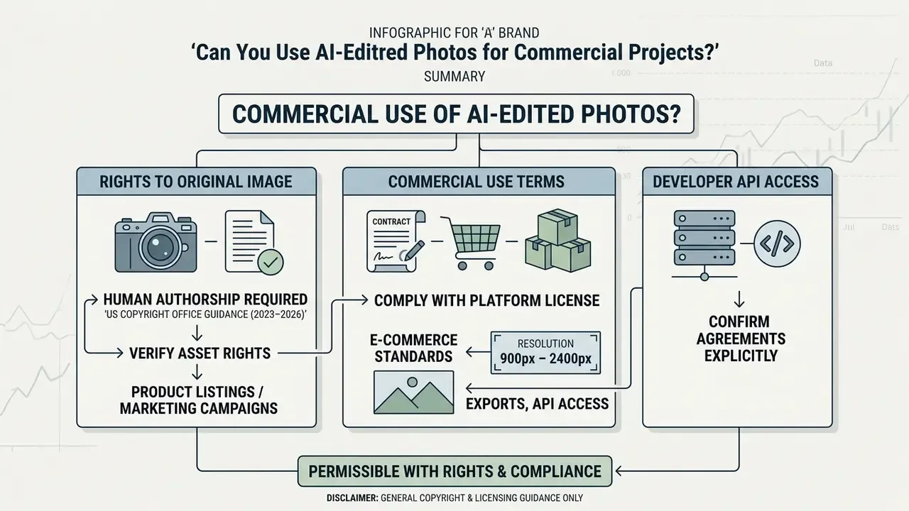 Flowchart outlining copyright and licensing requirements for the commercial use of AI-edited photographs