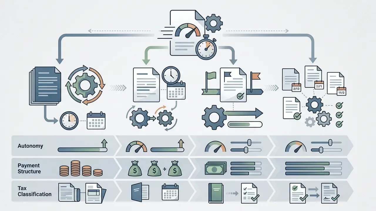 Comparison of four remote video editor employment formats showing autonomy, payment, and tax status