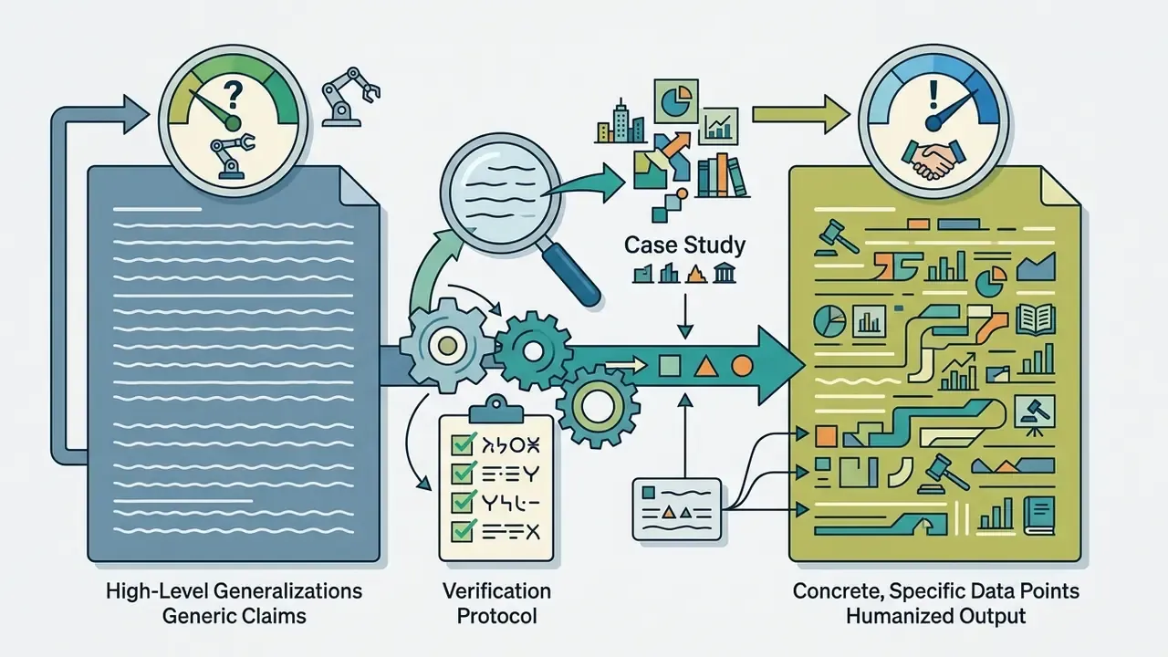 Generic document being refined through gears and case studies into a detailed data-rich final report