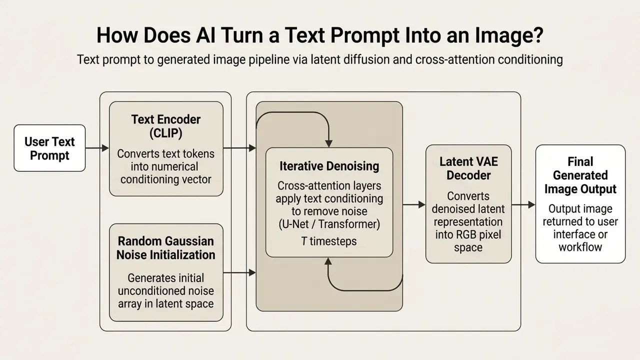 Step-by-step diagram showing how AI converts text prompts into images using encoders and denoising loops