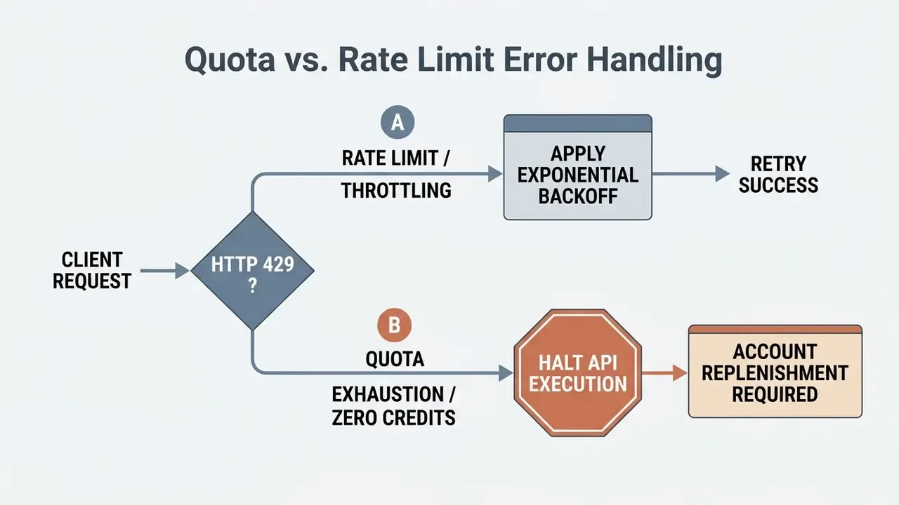 Decision tree showing how HTTP 429 responses trigger either retry logic or a halt due to credit exhaustion